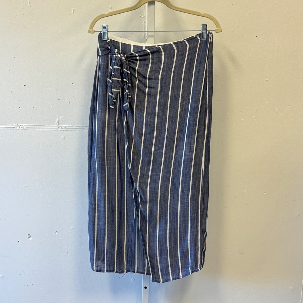Versona Striped Faux Wrap Midi Skirt Side Tie Small RN37080 Blue White Coastal